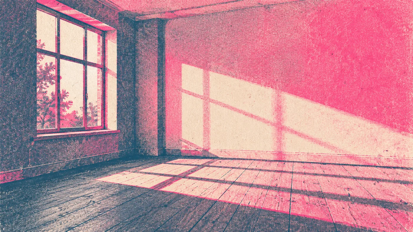 An empty room with a window and bare floorboards, printed in two colours